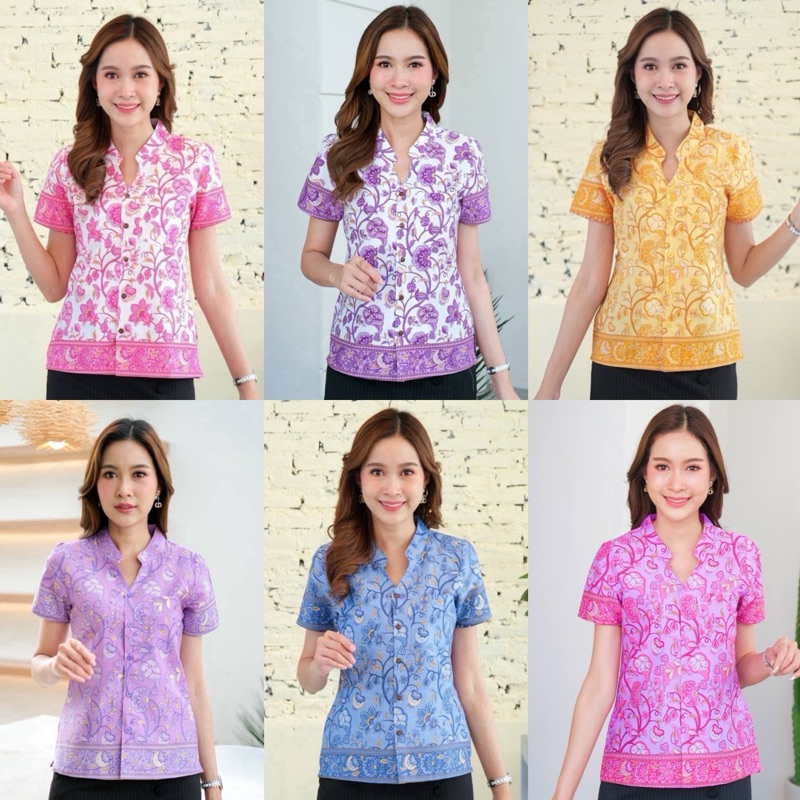 เสื้อคอจีนปาเต๊ะพิมพ์ลายดอกบานชื่น เนื้อผ้า cotton  แต่งกระเป๋าหน้า