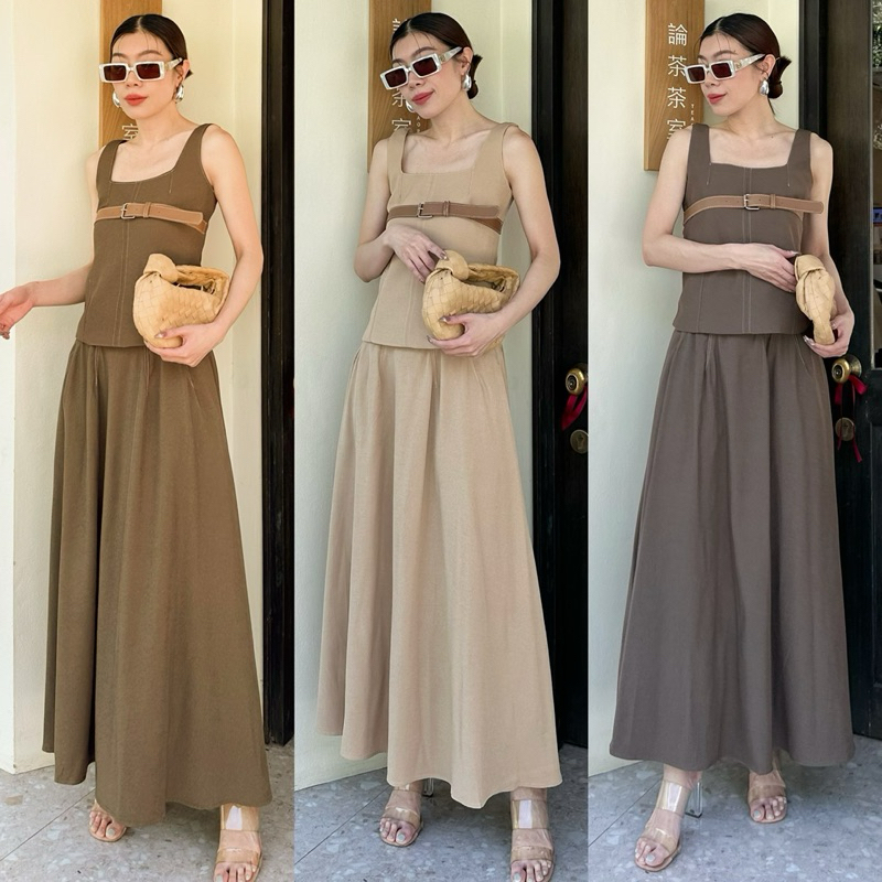 1021 NEW ARRIVAL SET BELT TOP + MAXI SKIRT (SMLXLXXL 690฿) เสื้อคอยูมีดีเทลเข็มขัดที่อก มาคู่กับกระโปรง studioX2