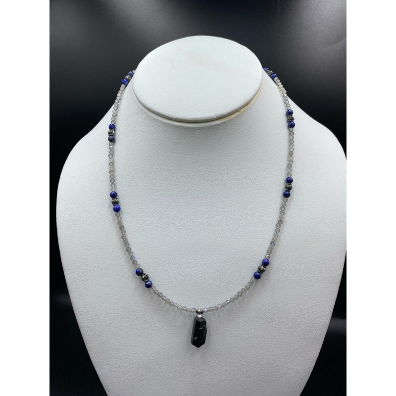 1 pc natural labradorite beads lapis lazuli beads with black Turmaline pendant silver necklace 💓