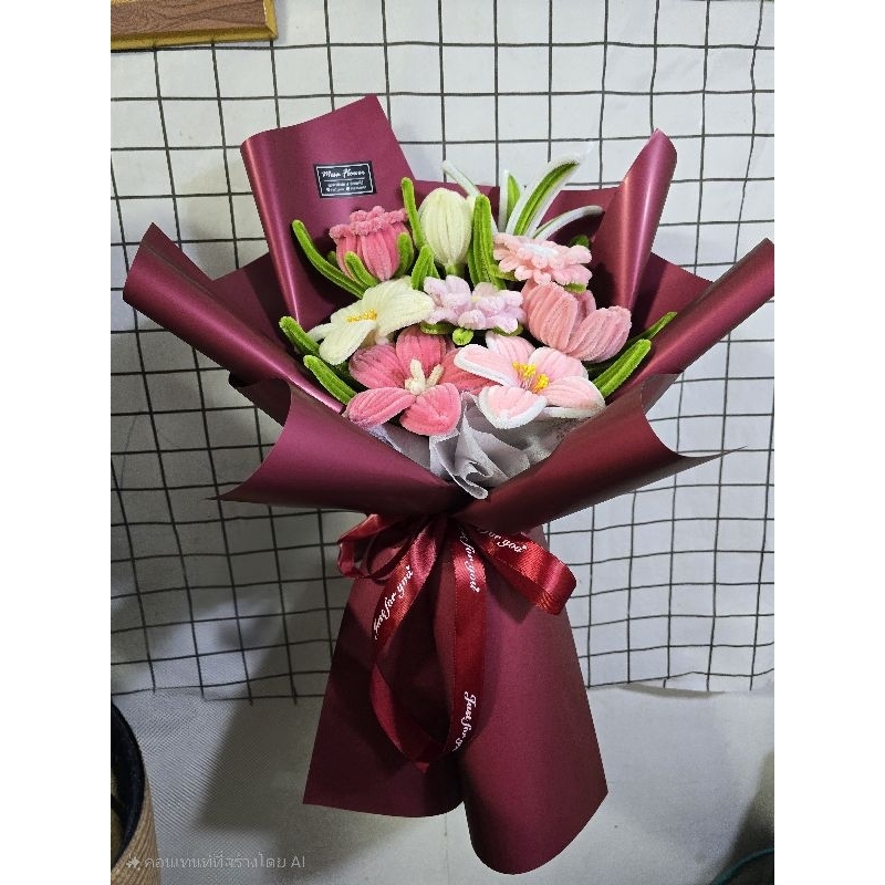 ช่อรวมดอกไม้ 8 ดอก handmade โทนชมพู (ช่อรับปริญญา,ช่อปัจฉิม,ช่อดอกไม้แสดงความยินดี)