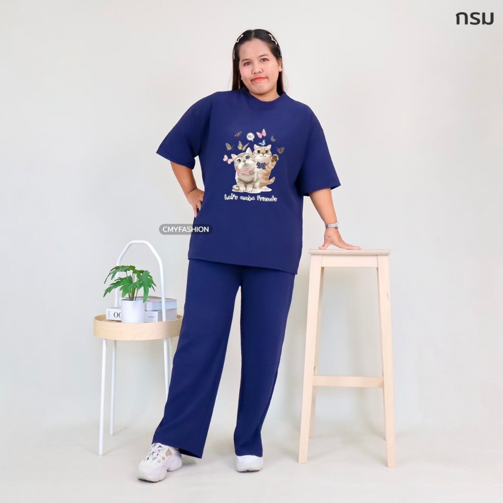 ชุดเช็ท สาวอวบ เสื้อคอกลม สกรีนลายแมว กางเกงขายาว ทรงกระบอกใหญ่ ผ้าอัดลายเม็ดงา 9015-img-28# - รูปที่ 3