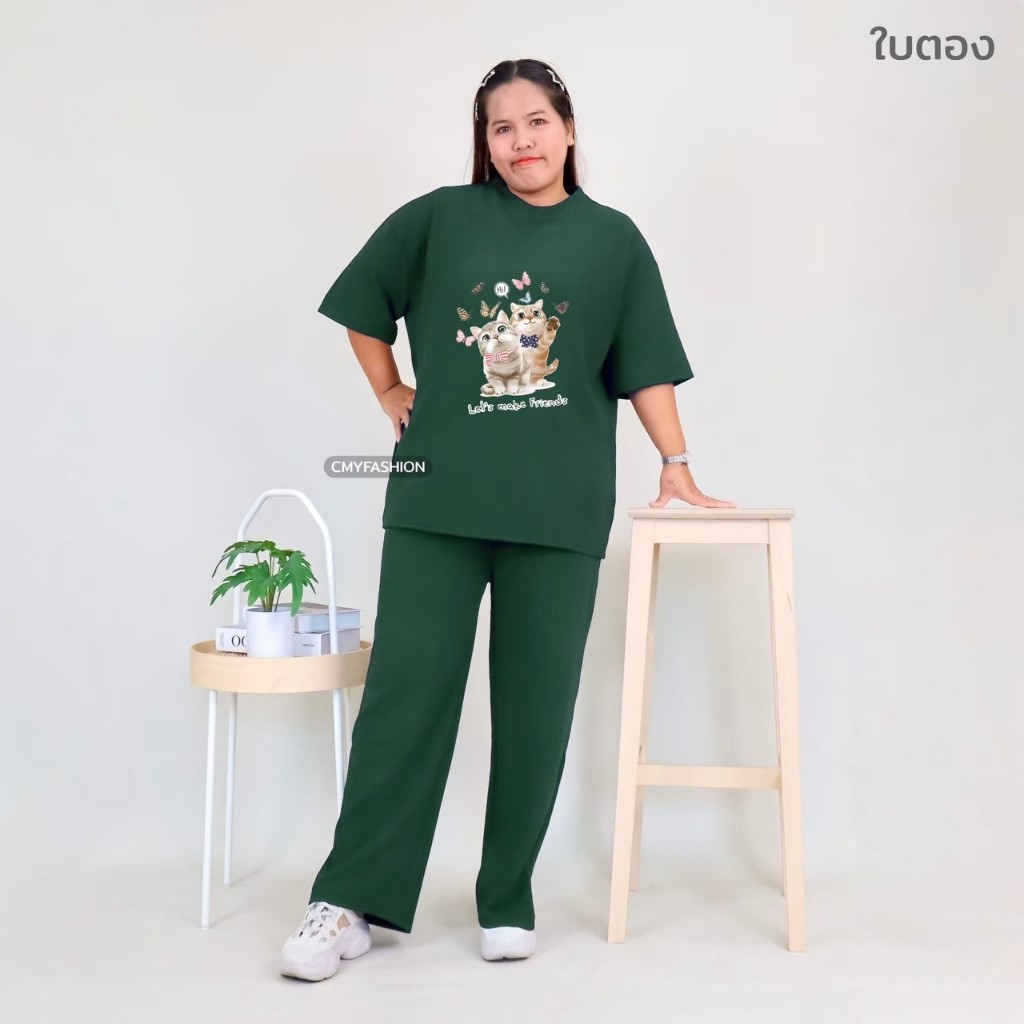 ชุดเช็ท สาวอวบ เสื้อคอกลม สกรีนลายแมว กางเกงขายาว ทรงกระบอกใหญ่ ผ้าอัดลายเม็ดงา 9015-img-28# - รูปที่ 7