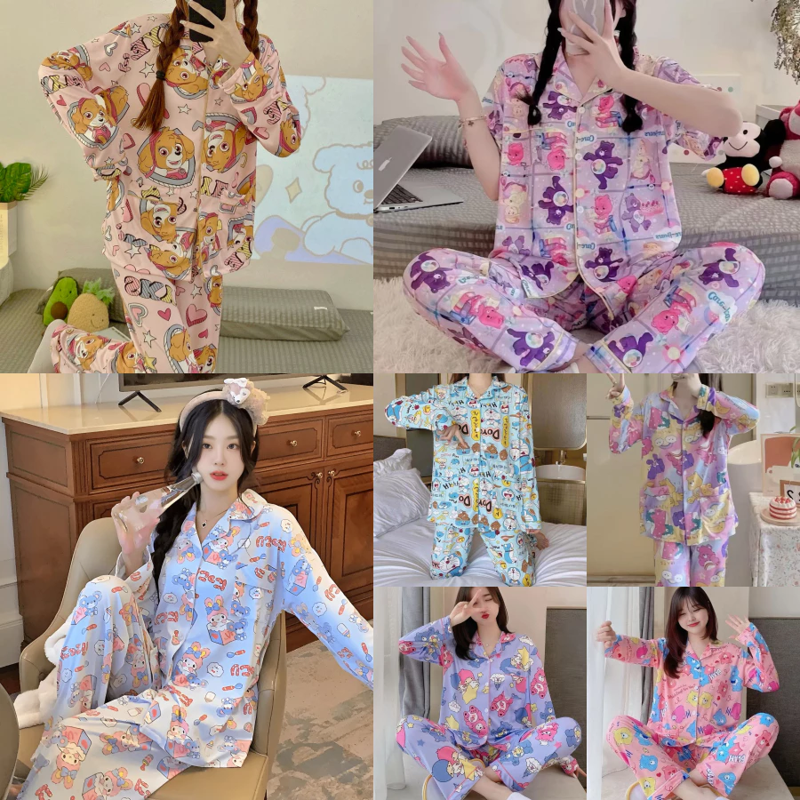 SALE!! ชุดนอนแขนขายาว ผ้าไหมอิตาลีเกรดพรีเมี่ยม ชุดนอนลายการ์ตูน ชุดนอนน่ารัก