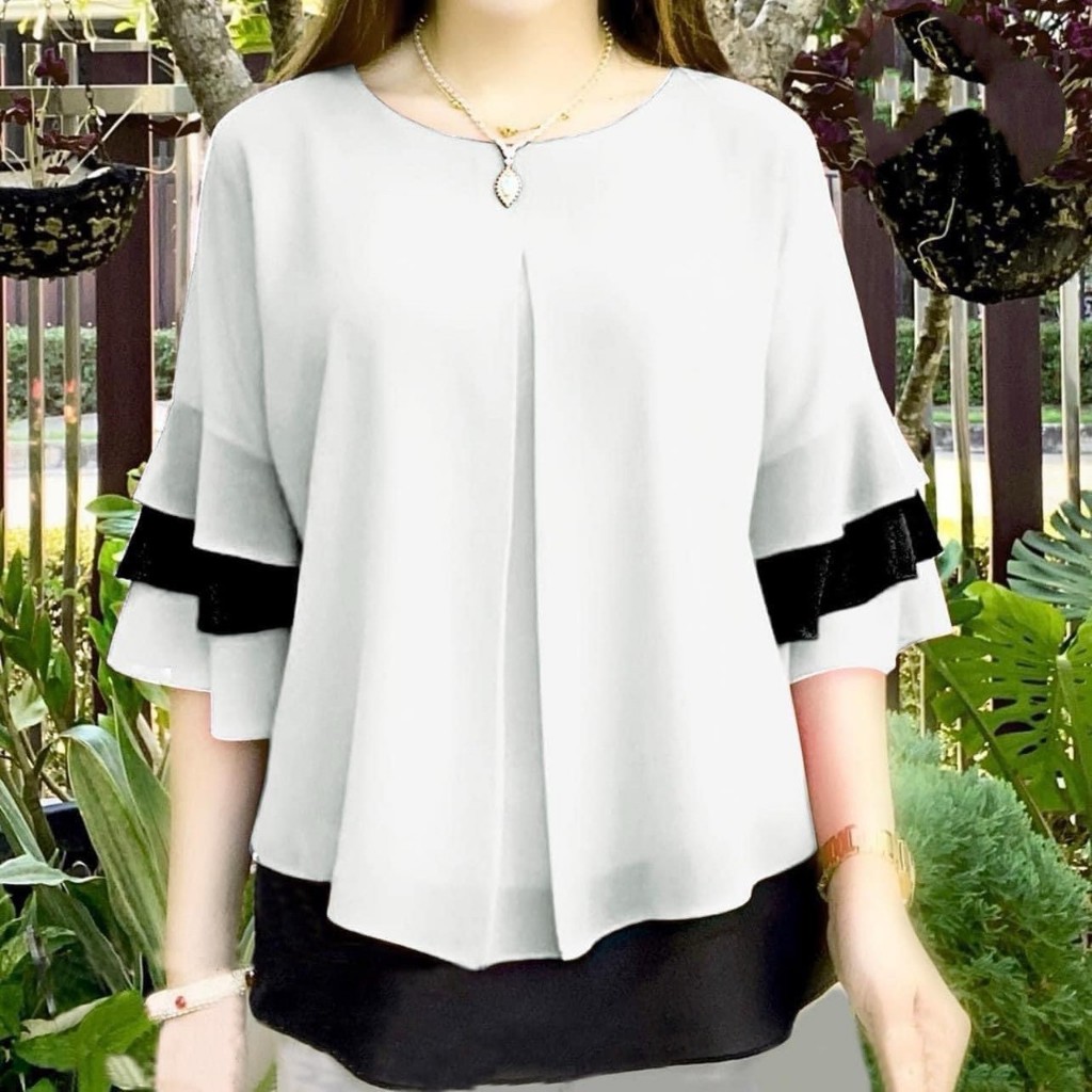 เสื้อชีฟอง ตกแต่งเลเยอร์ชีฟองสีดำ สองชั้น ผ้าไม่บาง