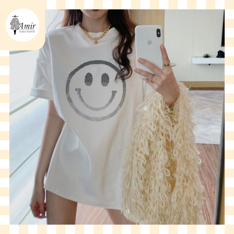 เสื้อยืดแขนสั้นผู้หญิงสไตล์เกาหลี พิมพ์ลายหน้ายิ้ม ทรงหลวม คอกลม มี 2 สี