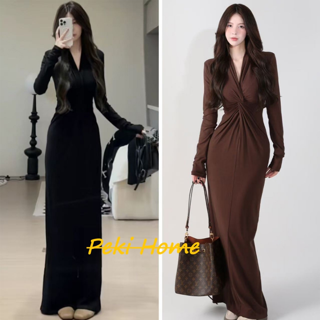 เดรสแขนยาวใหม่ล่าสุด คอวีผูกเกลียว สไตล์หรูหรา