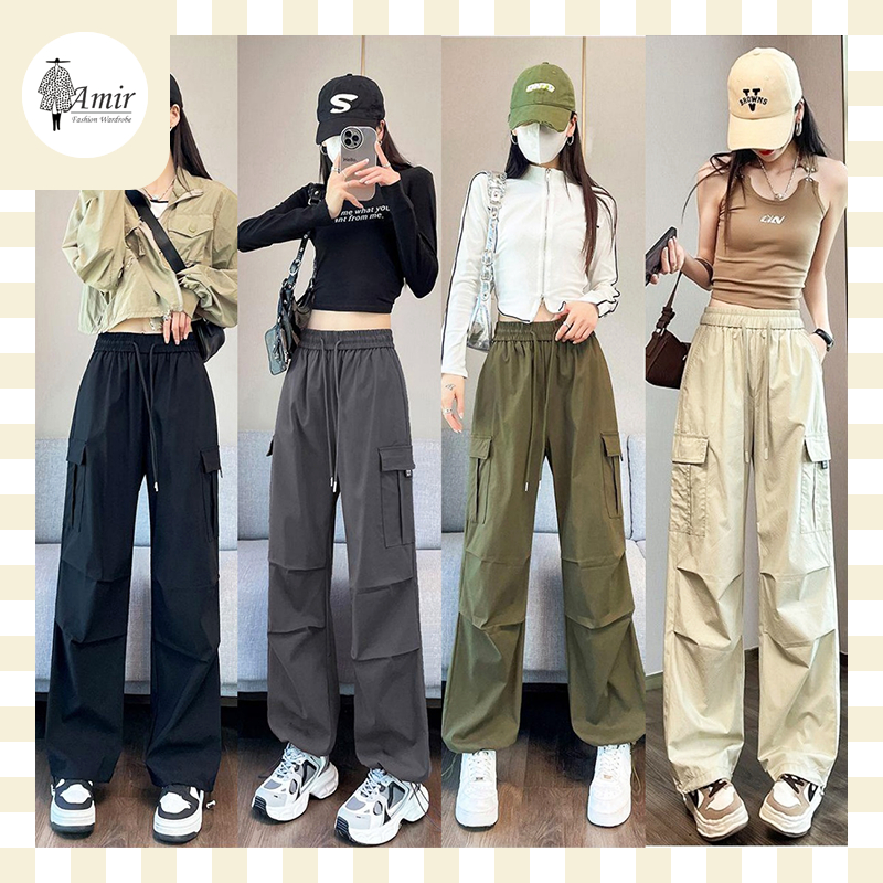👖กางเกงคาร์โก้ผู้หญิง กางเกงขากว้าง กางเกงเอวสูง ดีไซน์เชือกผูก กระเป๋าข้าง ผ้าหลวม ใส่สบาย