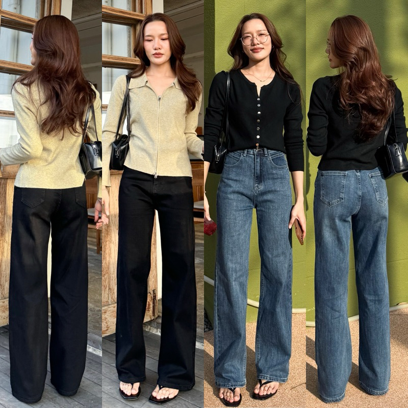 “Jet-black Jeans” ยีนส์ขากระบอกงานใหญ่เอวสูง พรางหุ่นได้ดี ยีนส์ยืดเนื้อผ้าพรีเมี่ยม