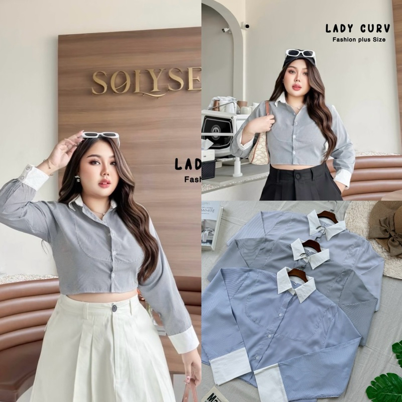(LC) เสื้อครอปลายริ้ว แต่งปกเชิ้ต+ปลายแขนตัดสี งานน่ารักมากกกก ผ้าคอตตอนเนื้อดี ใส่ทำงาน ใส่เที่ยว เสื้อผ้าสาวอวบอ้วน