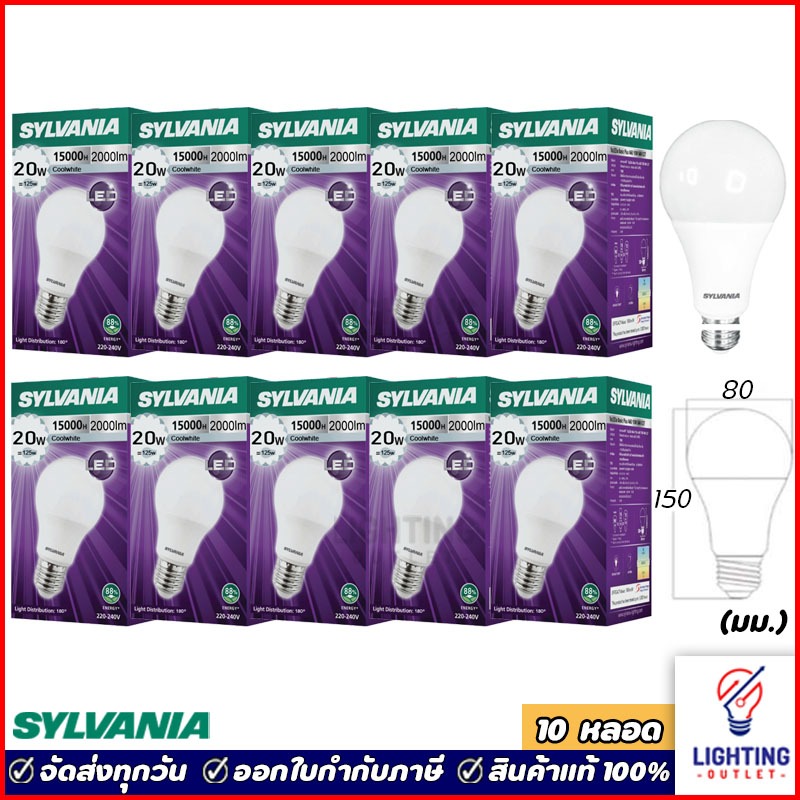10หลอด🔥Sylvania หลอดไฟแอลอีดี 20วัตต์ ขั้วE27 Led Bulb 20W Coolwhite แสงขาวนวล Daylight แสงขาว Warmwhite แสงเหลือง