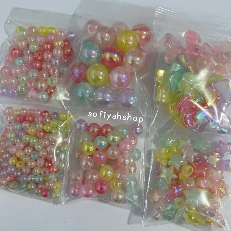 ลูกปัดเคลือบรุ้ง กลม ดาว โบว์ คละสีเยลลี่