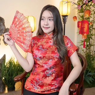 เสื้อจีน เสื้อเดี่ยว สีแดง สำหรับผู้หญิง คอจีน ปักกระดุมจีน มีซิปข้าง 03/04/07/09/10/11/12/13/19
