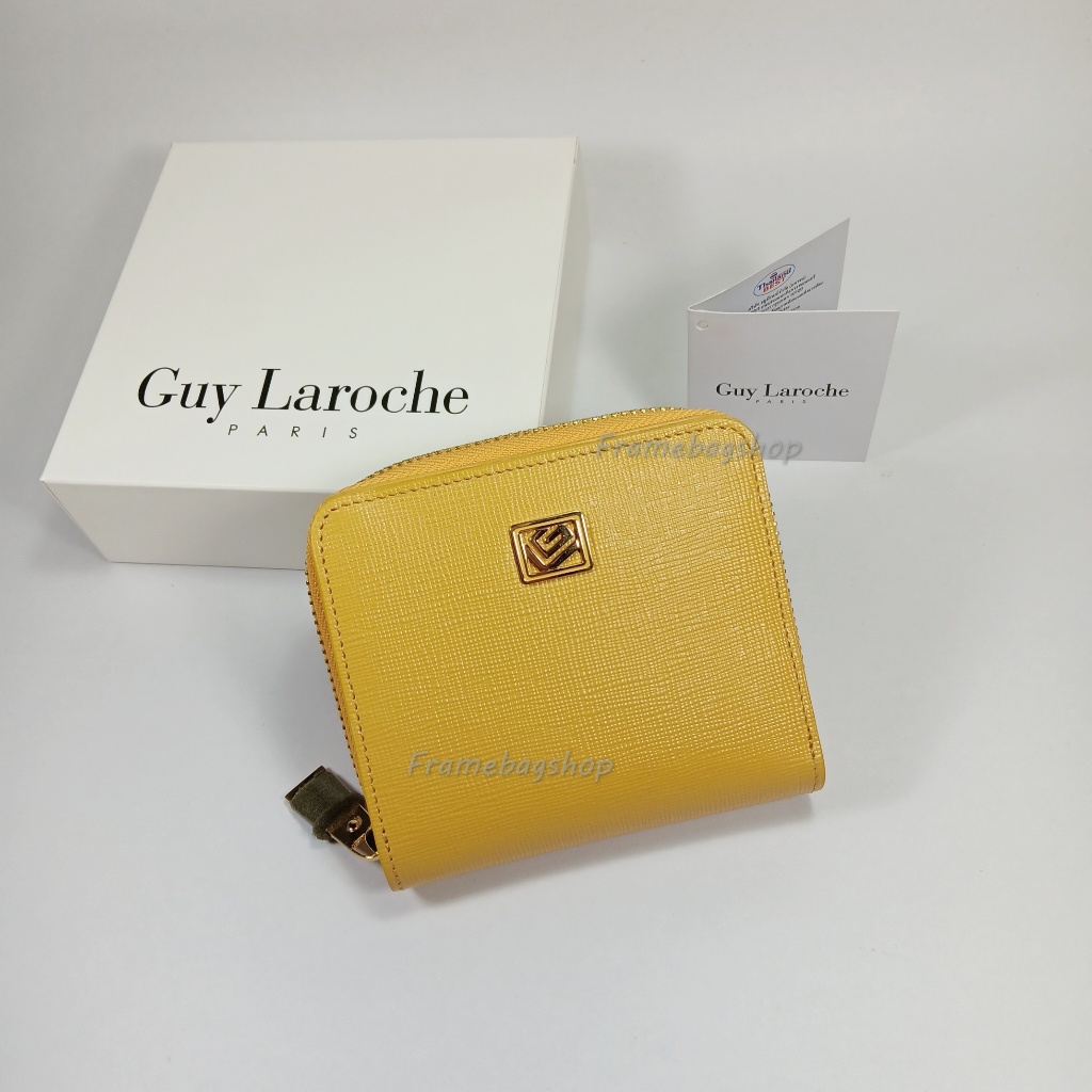 Guy Laroche กระเป๋าสตางค์ผู้หญิงใบสั้น ซิปรอบ+ประกบ สีเหลือง หนังแท้ หนังลาย อะไหล๋สีทอง