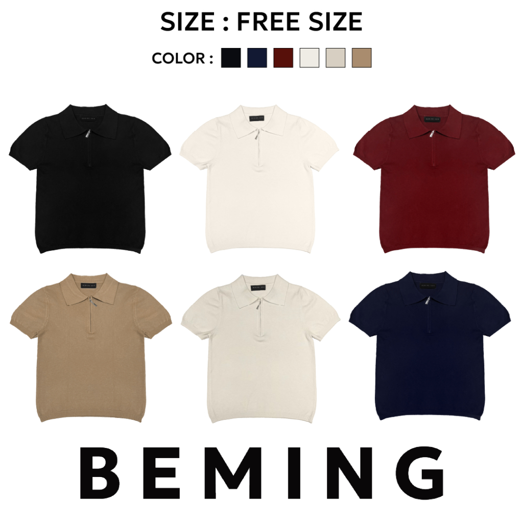 (ส่งด่วน) Bemingtop796 (FREE SIZE) - Dolly zip top เสื้อโบโลแขนสั้นดีเทลปัง ดีไซน์ปกเก๋ๆ พร้อมซิปหน้าที่ปรับลุค