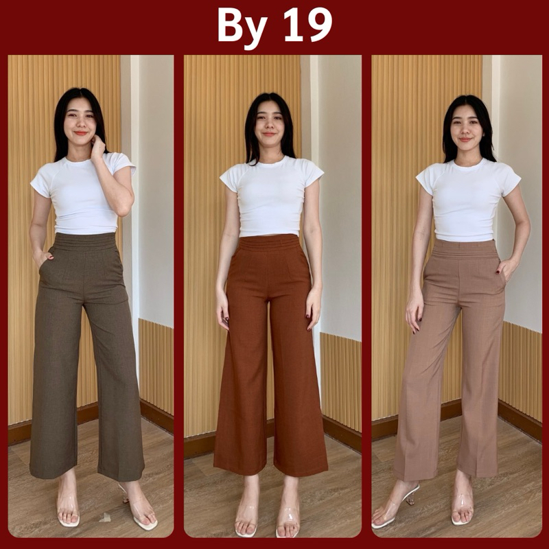 By19 กางเกงขากระบอกยาว ซิปหลัง ซิปข้าง แต่งจับจีบหน้า เอวสูงเท่าสะดือ