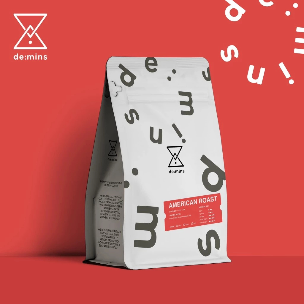 ((250g.)) เมล็ดกาแฟคั่วกลาง AMERICAN ROAST อราบิก้า 100% De:mins Coffee Roaster