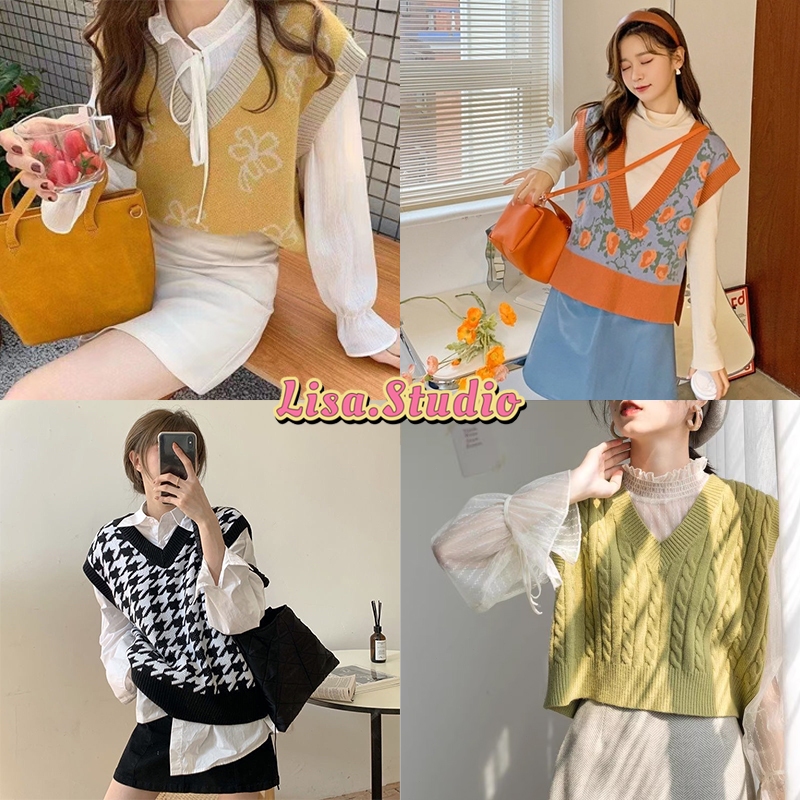 Lisa พร้อมส่งล้างสต๊อกเสื้อกั๊กถัก แขนกุด สไตล์เกาหลี แฟชั่นสำหรับผู้หญิง เสื้อแขนกุด ผ้าถัก คอวี ทรงหลวม ใส่สบาย