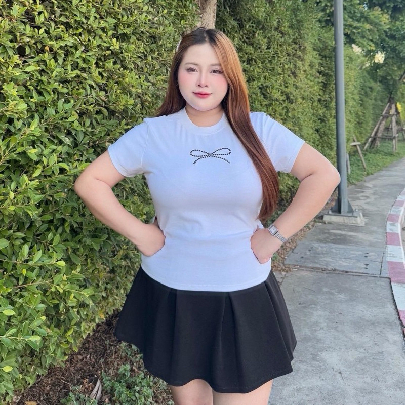 ย 109 เสื้อครอปทรงสวยใส่สบายสำหรับสาวอวบ ผ้ายูนิพรีเมี่ยม ปักโบว์