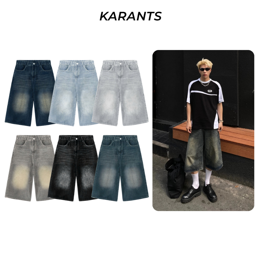 Karants กางเกง Baggy Jeans Short แบบพื้นฐาน ขากว้าง เทรนด์ฮิต สไตล์ Streetwear Unisex KQ98 สำหรับผู้ชายและผู้หญิง KQ98