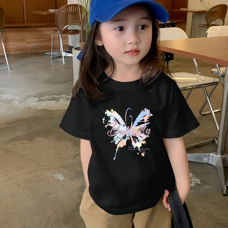 Yout-children kids เสื้อยืด Butterfly พิมพ์ลาย cute girl ชุดเด็ก ใส่สบาย ทรงหลวม oversize แฟชั่น เสื้อระบาย สไตล์เกาหลี
