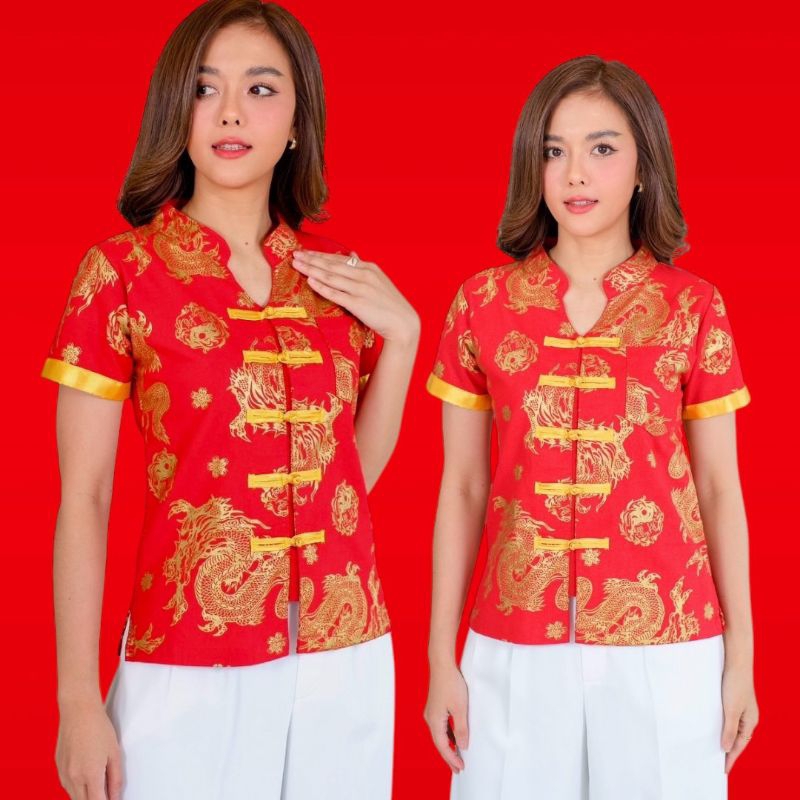 เสื้อตรุษจีน2025 เสื้อสีแดง ผ้าฝ้ายขึ้นลายด้วยผงทองคำ กระดุมทอง