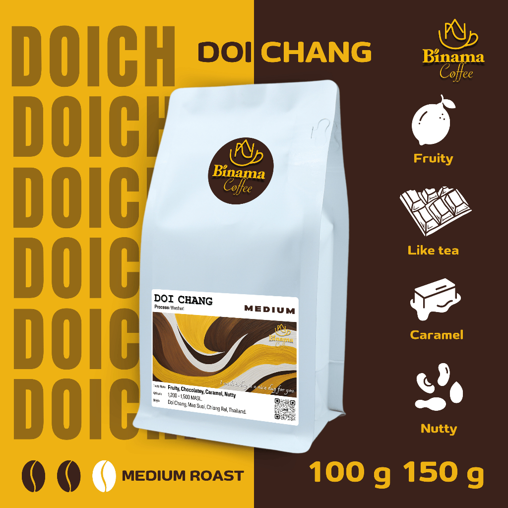 เมล็ดกาแฟดอยช้าง อาราบิก้า 100% เกรด A คั่วกลาง(Medium Roast) บรรจุ 100 กรัม และ 150 กรัม