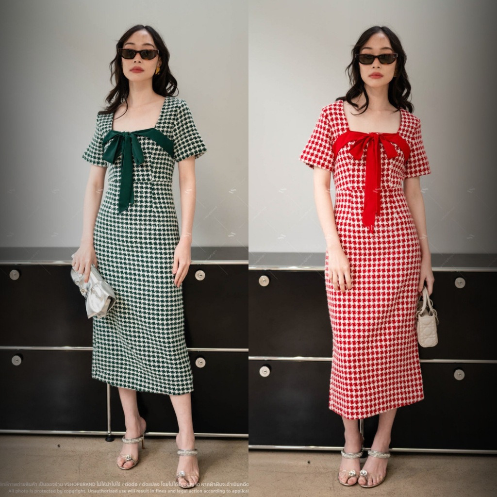 พร้อมส่ง คริสต์มาส ชุดสีเขียว เดรสแขนสั้นลายชิโนผูกโบว์อก งานป้ายVshopbrand