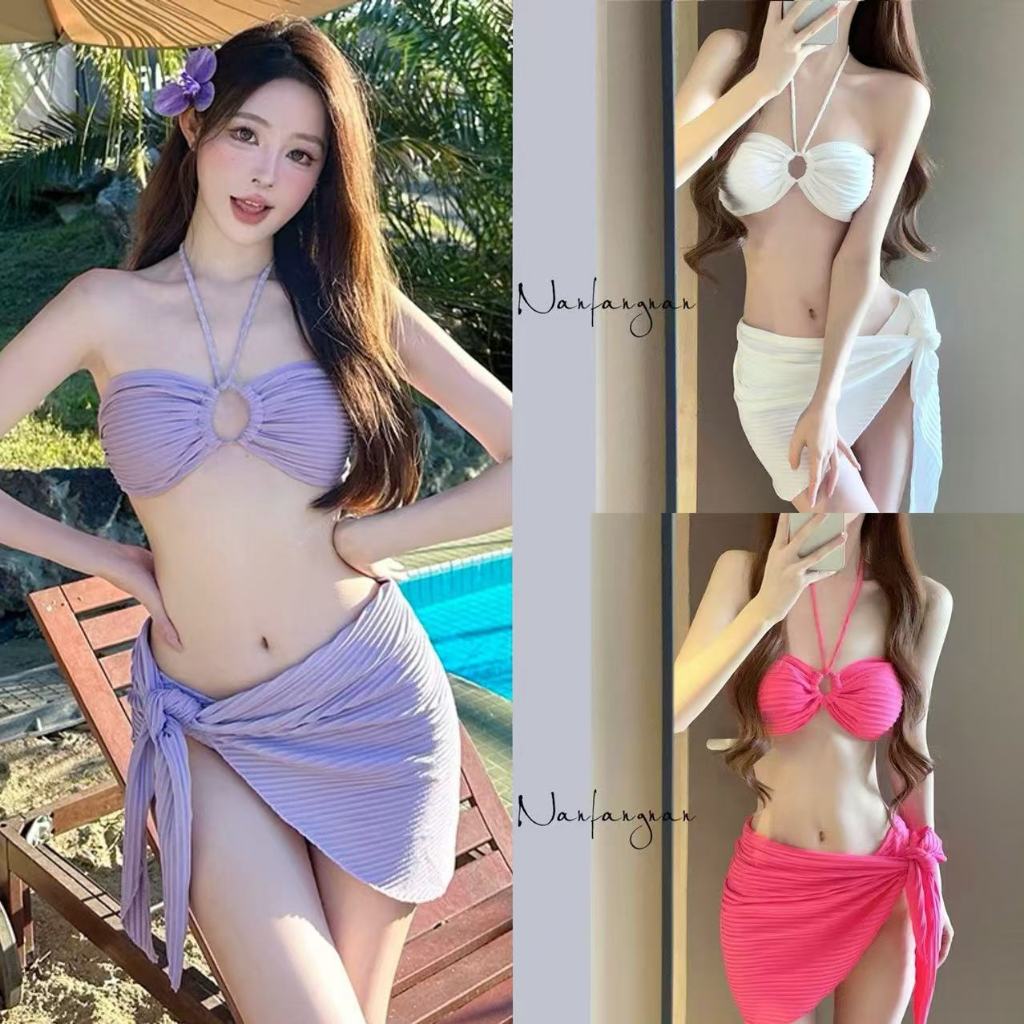 Swift Bra ชุดว่ายน้ำแฟชั่น Sexy bikini บิกินี่ 3 ชิ้น คล้องคอกระโปรงผูกข้างทรงเข้ารูปผ้าเนื้อดี