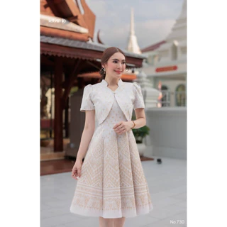 KS730 ชุดเดรสผ้าทอลายเทียนหยด แต่งกั๊ก กระโปรงบาน 8 ชิ้น อัดกาวทั้งชุด ทุกชิ้น ซิปซ่อนด้านหลัง (S-5XL)