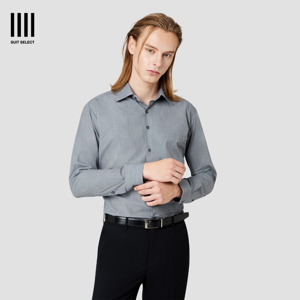 SUIT SELECT Wide Spread Plain Shirt (Gray) เสื้อเชิ้ตสีเทาแขนยาว - รุ่น 14