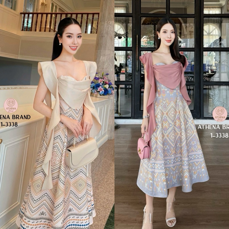 พร้อมจัดส่ง Dress พิมพ์ลายทรงเจ้าหญิงดีไซน์ตัดต่อผ้าแต่งระบาย หน้าอกเสริมฟองน้ำจัดทรงสวย