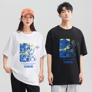 เสื้อยืดคอกลม แขนสั้น พิมพ์ลายหมี oversize t shirt เสื้อยืดผู้ชาย-ผู้หญิง เสื้อสวยๆเท่ๆ แฟชั่น สีขาว-สีดำ