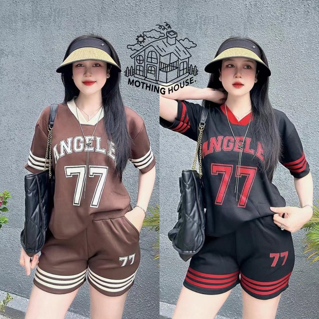 ผู้หญิงชุดเสื้อแขนสั้นตัวอักษรหลวมฤดูร้อน + กางเกงขาสั้นกีฬาลำลองสำหรับการลดอายุชุด 2 ชิ้น