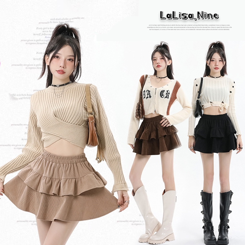 Lalisa พร้อมส่ง กระโปรงพลีทสั้น Y2K Skirtกระโปรงผ้าลูกฟูกผู้หญิง,กระโปรงสั้นเอวสูง กระชับสัดส่วนทรงเอไลน์ฟูม ทรงเข้ารูป