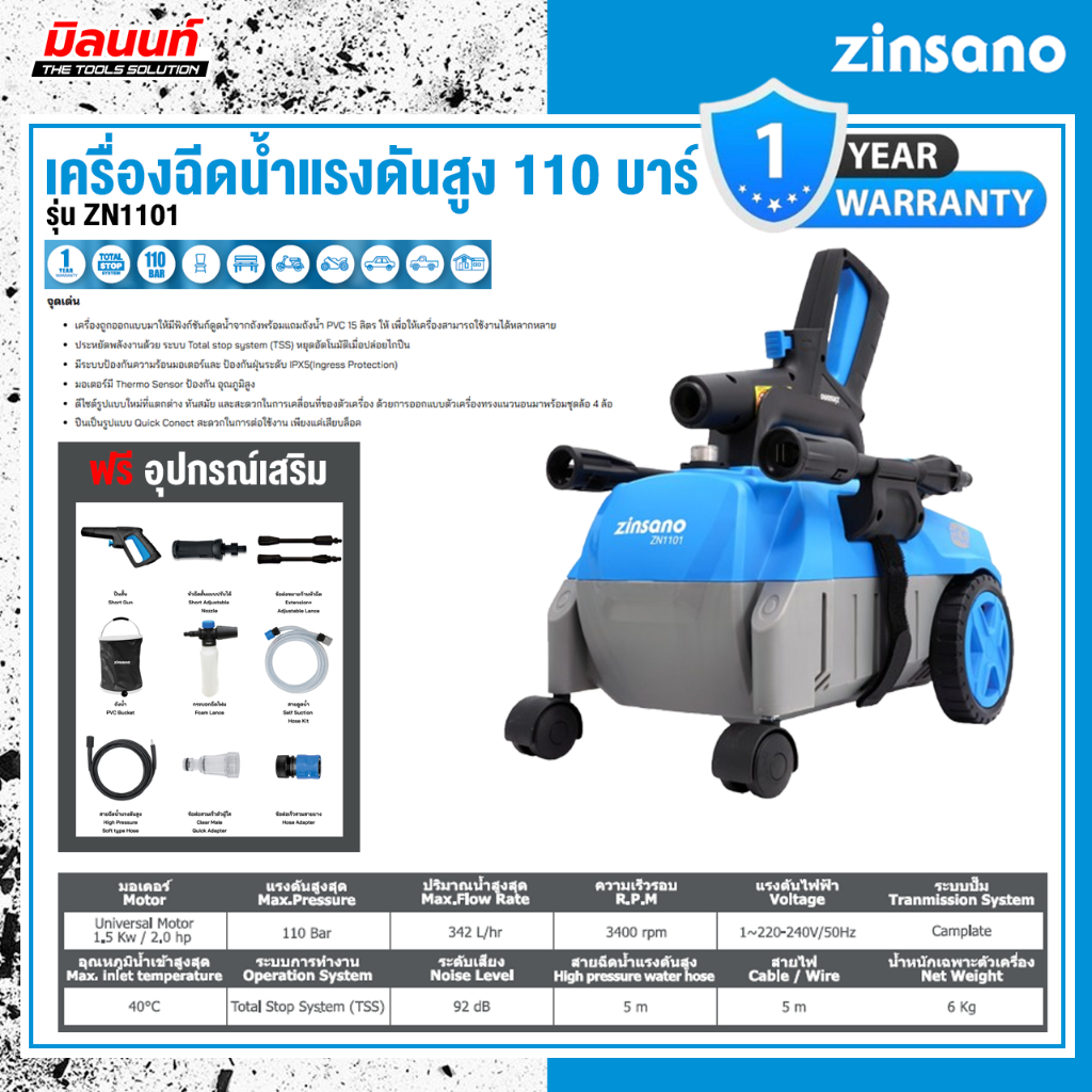 Zinsano - ABZIZN110101 เครื่องฉีดน้ำแรงดันสูง 110 บาร์ รุ่น ZN1101