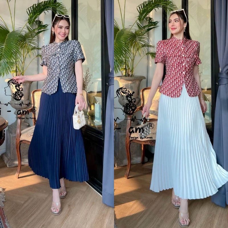 (m-3xl) ชุดเซทกระโปรง เสื้อ ผ้าทอ + กระโปรงอัดอัดพีท งานป้าย si-am สีแดง สีกรม