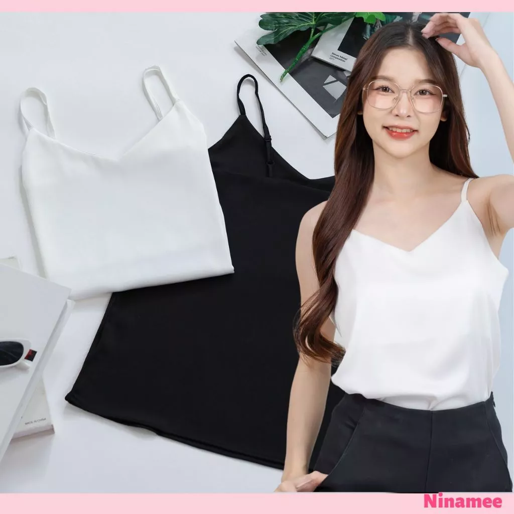 🍒Ninamee M-2XL สายเดี่ยวซาตินGlammy สายเดี่ยวคอวี สายปรับระดับได้ งานพรีเมียม สีพื้น แมชง่าย ใส่เที่ยวทำงาน ออกงาน#NN36