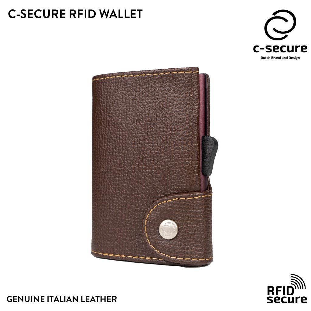 C-SECURE [พร้อมส่ง] กระเป๋าใส่บัตร กระเป๋าสตางค์ หนังแท้ RFID Leather wallet สีน้ำตาล Brown