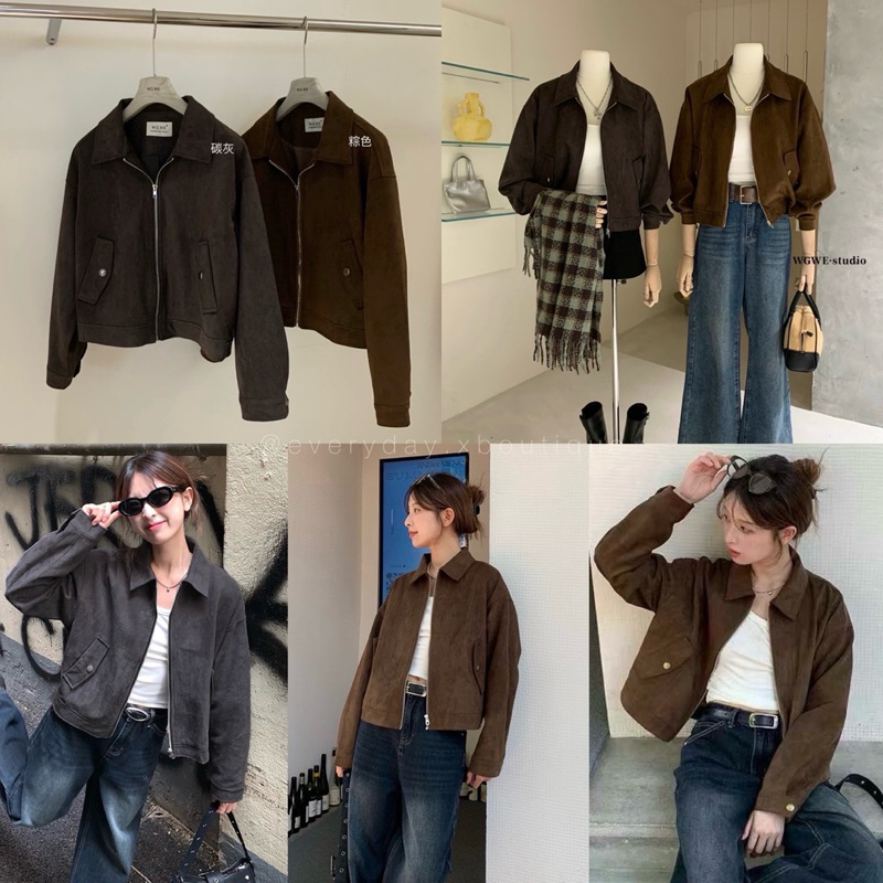 น้ำตาลเปิดพรี|เทาพร้อมส่ง Suede x zipper jacket (690฿) เสื้อแจ็คเก็ตคอปก แขนยาว งานผ้าหนังกลับ โทนสีพื้น wg.we 3133