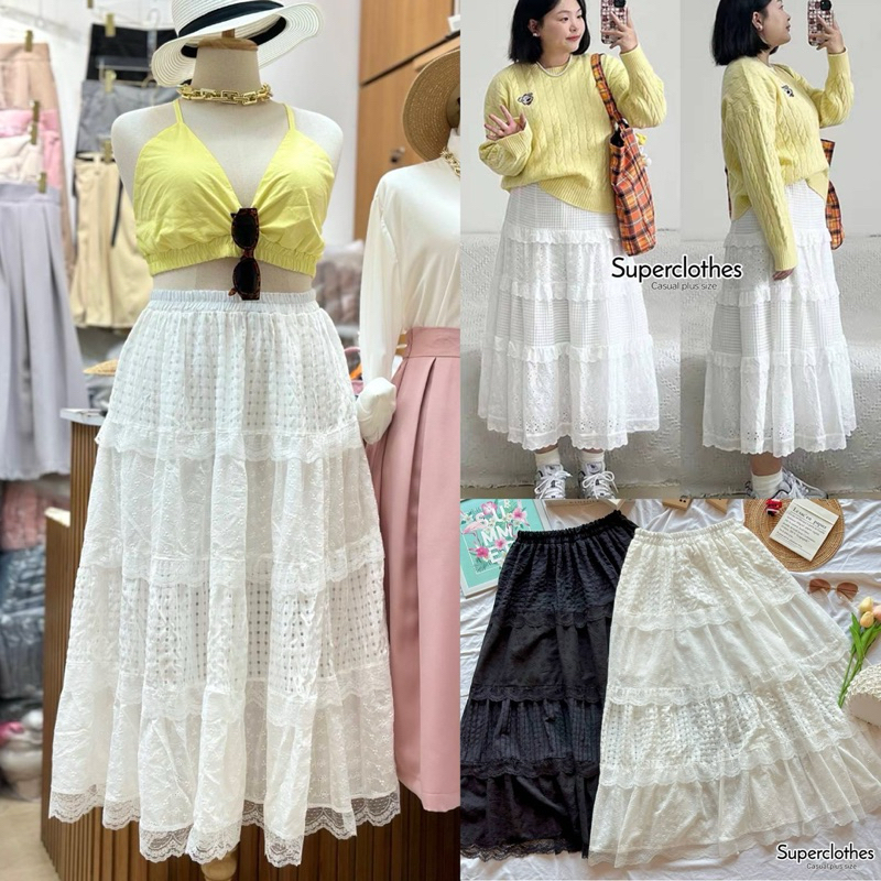 ✅เข้าเพิ่ม พร้อมส่งค่า ใส่ไปทะเลเริศๆ/SC/ กระโปรงสาวอวบ ตัดต่อชั้นสลับลูกไม้ แมทช์ง่าย #เสื้อผ้าไซส์ใหญ่ พลัสไซส์