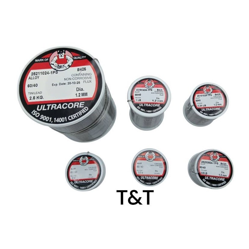 ตะกั่วบัดกรี โลหะบัดกรี ULTRACORE ขนาด 1.2 มิล 0.25 0.50 1.00 lb ดีบุก 60 / ตะกั่ว 40 ISO 9001 14001