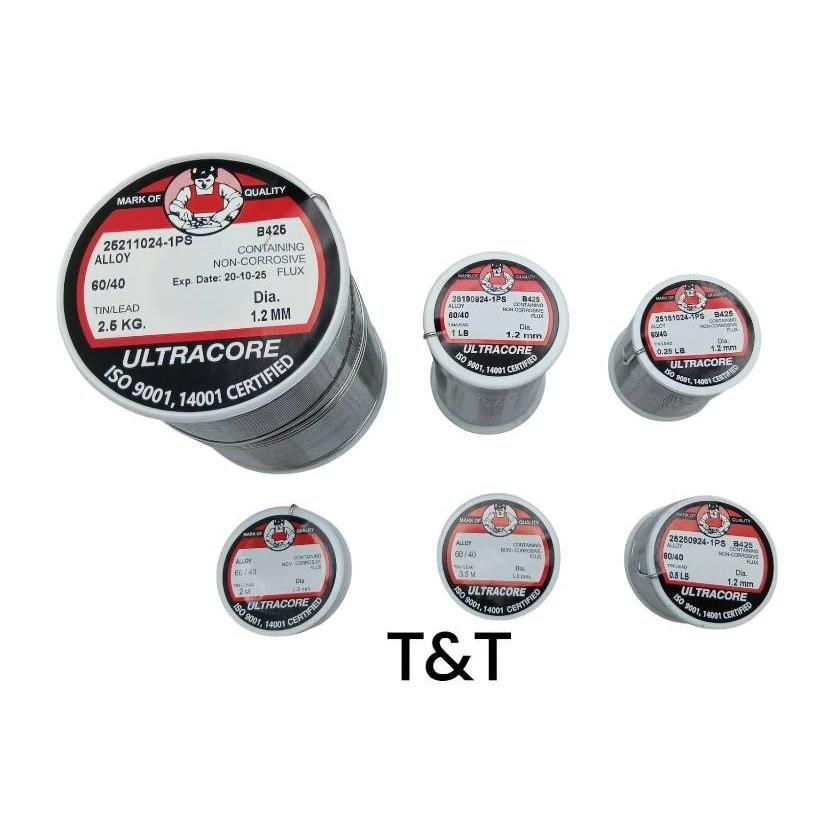 ตะกั่วบัดกรี โลหะบัดกรี ULTRACORE ขนาด 1.2 มิล 0.25 0.50 1.00 lb ดีบุก 60 / ตะกั่ว 40 ISO 9001 14001