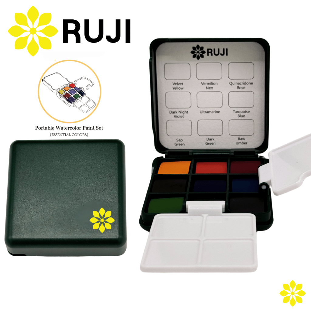 RUJI สีน้ำตลับ พกพา สีน้ำก้อน คุณภาพเยี่ยม พกพาสะดวก Traveller Water Colour Set MAIRTINI BRILLIANT RAYS Official