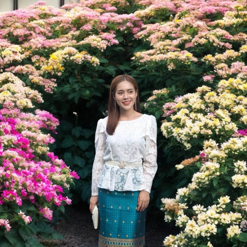 เสื้อลูกไม้คอปาด แขนยาวแต่งระบายเชิงหัวแขน