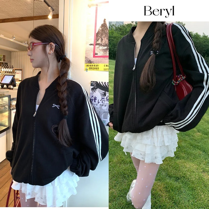 Beryl เสื้อแจ็คเก็ตสตรีลายทางสีดำสไตล์เกาหลีโบว์หลวมชุดเบสบอล