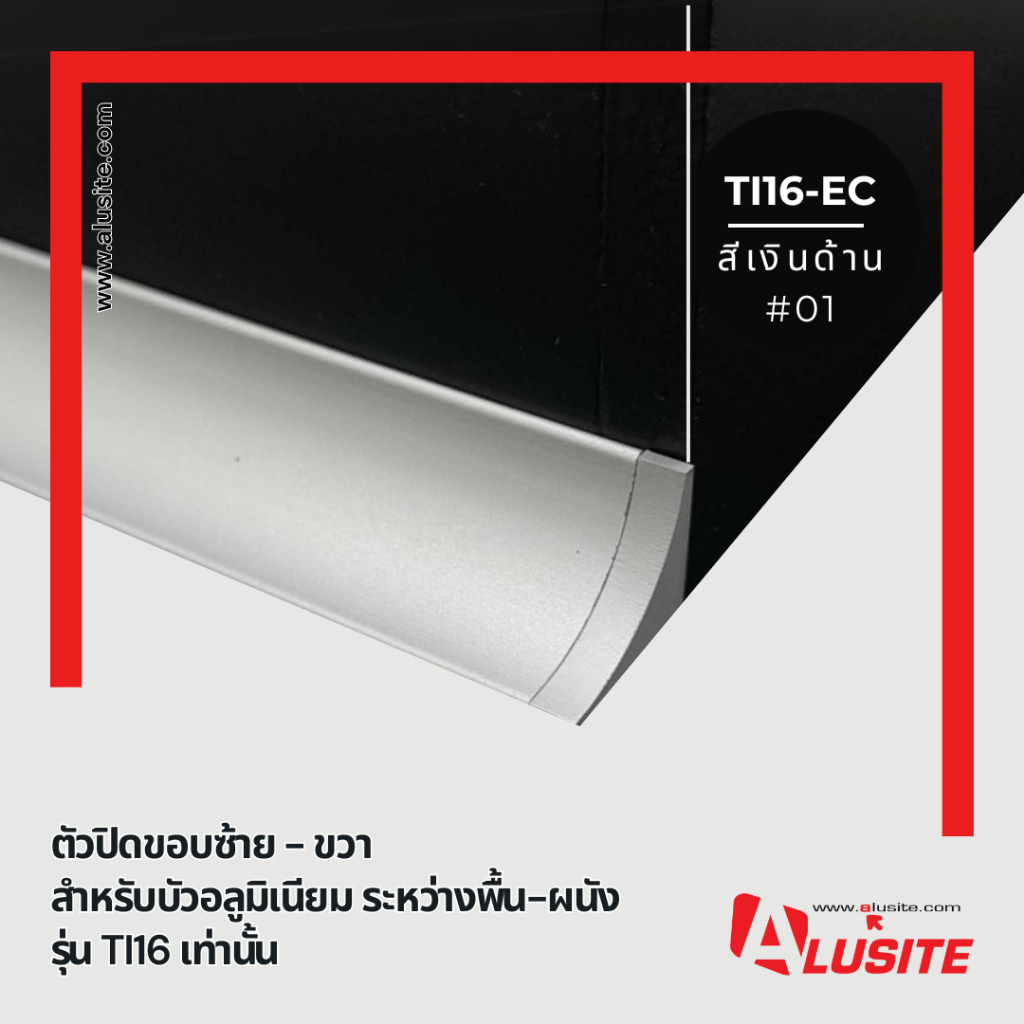 ตัวปิดขอบซ้าย-ขวา คิ้วอลูมิเนียมปิดร่องระหว่างพื้น-ผนัง ขนาด 16 มม TI16-EC
