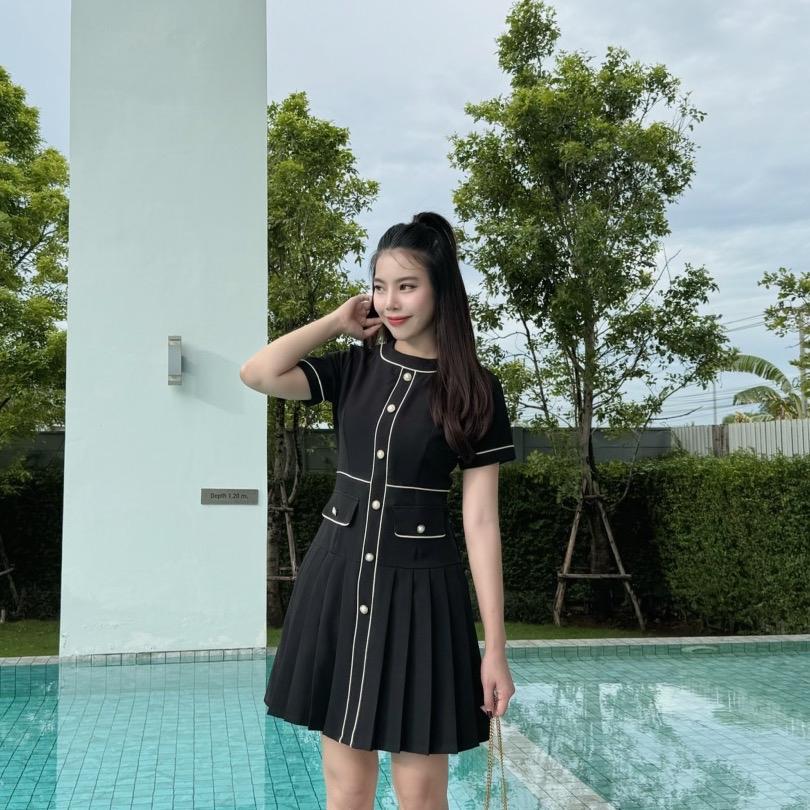 D67 เดรสสั้น ผ้าบาบี้ กระโปรงจีบหน้า แต่งกุ๊นกระดุม ชุดทำงาน ชุดเดรสออกงานน่ารัก (S,M,L,XL,2XL) รูปที่ 2