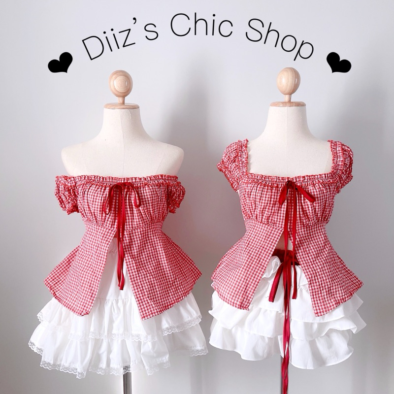 Diiz’s เสื้อคุณหนู แขนตุ๊กตา แต่งเชือกหน้าอก ผ่าหน้า ลายสก็อต