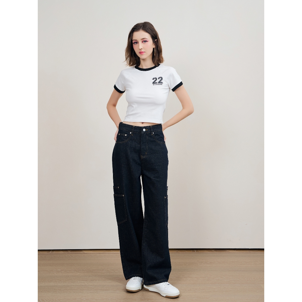 Niyom Jeans : BG001 กางเกงคาโก้ Unisex ทรงกระบอก สีเดนิม