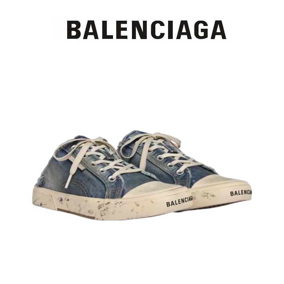 รองเท้าแตะส้นแบน Balenciaga Paris สำหรับผู้ชายและผู้หญิงรองเท้าลำลองสีน้ำเงินเดนิม